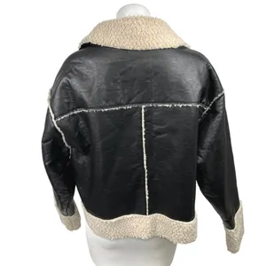 Nasty Gal Black Vegan Faux Leather Fleece Double Breasted Aviator Coat Jacket 4 thumbnail 2