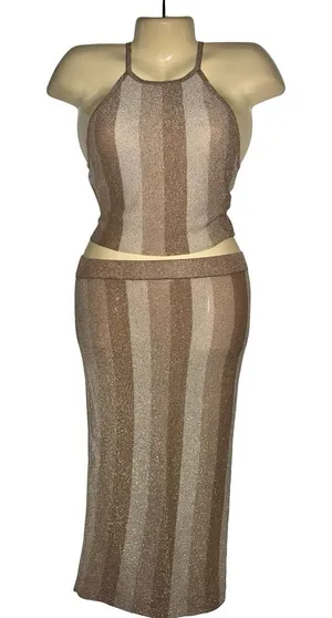 Forever 21 Shimmery Taupe and Beige Striped skirt Set thumbnail 1