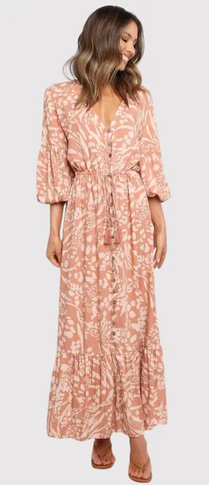 Petal & Pup Dress Brown Katerina Maxi V Neck Button Down Floral Boho Medium thumbnail 1