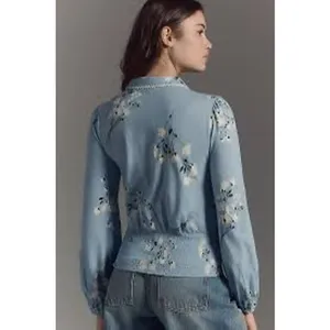 Maeve | Anthropologie light blue floral smocked long sleeve blouse top WOMENS M thumbnail 4