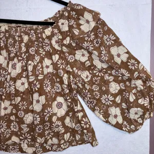 Free People Miss Daisy 100% cotton Brown‎ Floral Off Shoulder Smocked Blouse M thumbnail 9