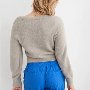 Aerie Fuzzy‎ Cropped Cardigan Stone Deep V-Neck Button Front Small Soft #2926 thumbnail 3