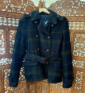 American Eagle Y2K Plaid Belted Wool Peacoat. Navy Green Red thumbnail 1
