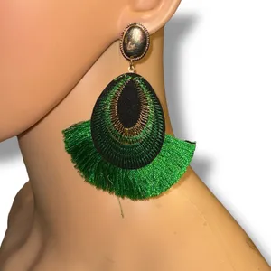 Large bohemian green peacock feather tassel earrings thumbnail 1