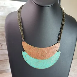 Vintage Necklace Statement Metal Necklace with Green & Orange Tones thumbnail 1
