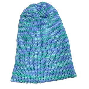 Handmade knit beanie hat blue and green double layered Adult size Women Soft thumbnail 2