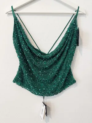 Retrofête Michal Sequin Top Size Large Emerald Green Cowl Neck Club Night Out thumbnail 4