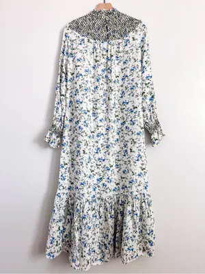 Zara White Blue Floral Smocked High Neck Maxi Dress Size S thumbnail 9