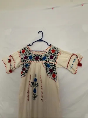 Mexican Hand Embroidered Dress Ivory Floral San Antonino Artisanal Boho(A852) thumbnail 3