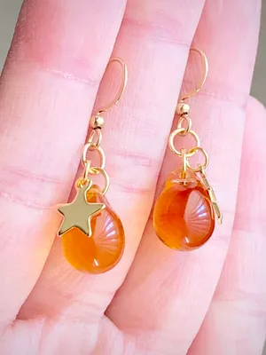 Handmade amber Czech glass teardrop & gold stainless star cute dangle earrings 🤎🌟 thumbnail 6
