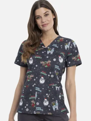 Cherokee Women's Sz Large Merry Whatever Scrub Top Gray V-Neck Holiday Christmas thumbnail 2