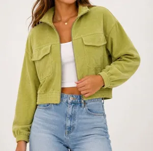 Aerie Green Ribbed Zip Up Cropped Jacket Size M Casual Utility Shacket thumbnail 1