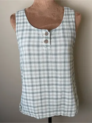 Vintage 90s Patagonia Tank Top Women Medium Organic Cotton Tan Green Plaid Shirt thumbnail 1