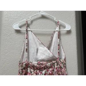 Pink Floral Ruched Mini Sundress Strappy Backless Sweetheart Romantic Sz Medium thumbnail 6