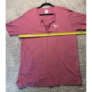 Victoria's Secret PINK Lace Up Tee Maroon Purple Dog Logo Shirt L thumbnail 5