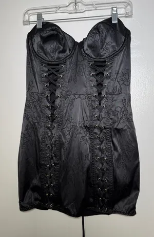 Victoria's Secret Black Lace-Up Bustier Dress with Floral Jacquard Large NWT thumbnail 1
