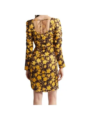 Floret Cottagecore Dark Floral Ruched Square Neck Dress Yellow Brown XS NWOT thumbnail 15