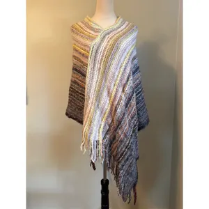 Multi Color Striped Knit Poncho Fringe One Size boho cozy fringe colorful retro thumbnail 2