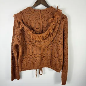 Venus Crochet Knit Sweater‎ Womens Small Brown Hooded Fringe Cropped Boho Indie thumbnail 3