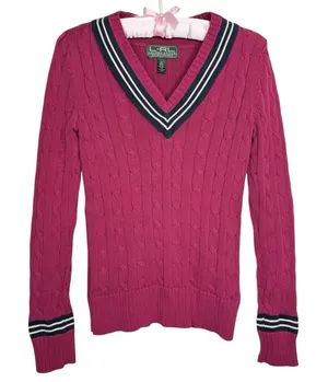 L-RL Lauren Active Ralph Lauren‎ Cable Knit V Neck Rugby Cricket Sweater XS thumbnail 1