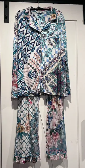 Johnny Was Patchwork mixed media Floral 2 piece pajama set XL button up top thumbnail 1