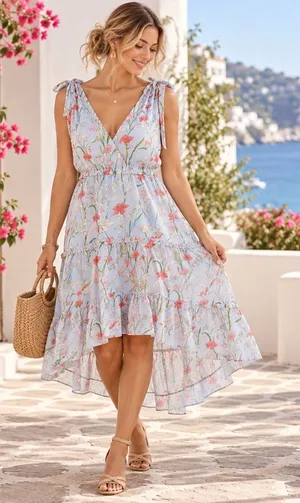 Banana Republic Pale Blue Hi Low Dress Sz 14 Coastal Boho Resort Floral Garden thumbnail 1
