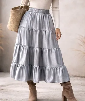 Tahari Tiered Maxi Skirt Metallic Silver Elastic Waist Y3K‎ Boho Chic Clean Girl thumbnail 1