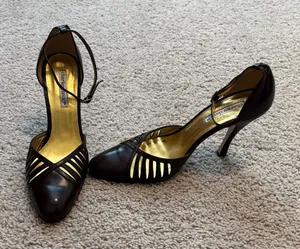 Charles David Dark Brown Stiletto Heels, Caged Design OnToe And Ankle Strap. thumbnail 1