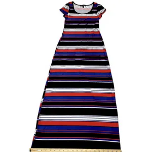 Derek Heart Striped Maxi Dress Med Blue Red White Jersey Knit Short Sleeve VGUC thumbnail 6