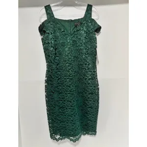 En Focus NWT Size 14 Emerald Green Lace Cold Shoulder Sheath Cocktail Dress Knee thumbnail 2