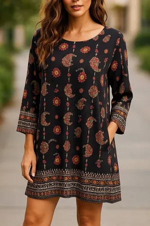 Gibiu Womens‎ Dress Sz S Black Paisley Print Shift 3/4 Sleeve NEW thumbnail 1