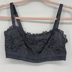 Victorias Secret Logo Band Lace‎ Bralette Dark Grey Floral Scalloped Large L/G thumbnail 1