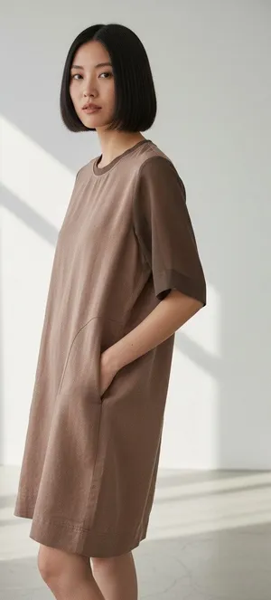 90s Minimalist Linen Blend Utility Shift Dress Khaki Brown Small thumbnail 1