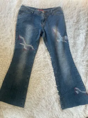 Y2K Flare Jeans Bird Graphic Studded Denim Low Rise Size 30 thumbnail 1