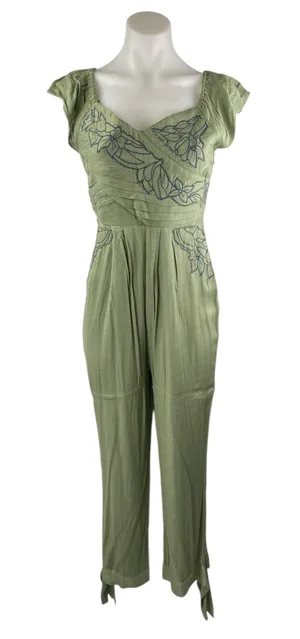 Free People In The Moment Green Floral Embroidered Off The Shoulder Jumpsuit 2 thumbnail 1