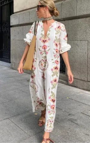 Zara White Floral V-Neck Dress with Pink, Yellow & Olive Print thumbnail 1