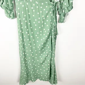 LULUS Green White Polka Dot Ruffled Sleeves Wrap Dress Size Medium Brunch thumbnail 7