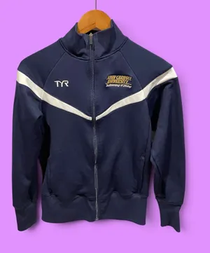 Cute navy white stripe TYR swim uniform jacket John Carroll team pockets thumbnail 1
