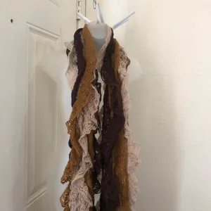 Vintage Cottagecore Whimsical Cream brown crochet scarf with ruffles and fringe #boho #festival thumbnail 2