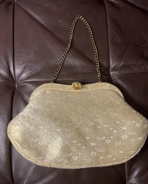 Gold Brocade Evening Bag Floral Frame Clutch Chain Handle Formal Purse VTG thumbnail 1