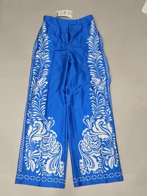 NWT! Zara Satin Floral Print High Waist Trousers Blue & White Size S thumbnail 3