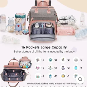 MULTI Compartment diaper bag with changing pad, USB & foldable crib Pink thumbnail 14