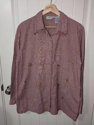 Cabin Creek Embroidered Fall Leaves Flannel Button Up Shirt Women's Large Red/Wt thumbnail 1