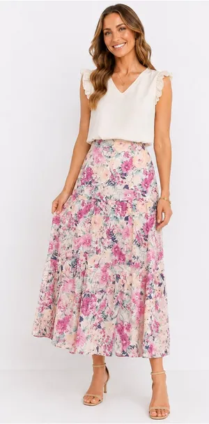 En Saison Fleur Midi Skirt M Free People Pink Floral Tiered Cottagecore Romantic thumbnail 1