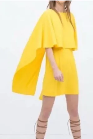 ZARA Women's Open Back Yellow Ruffle Cape‎ Mini Dress Size Small Modest thumbnail 1