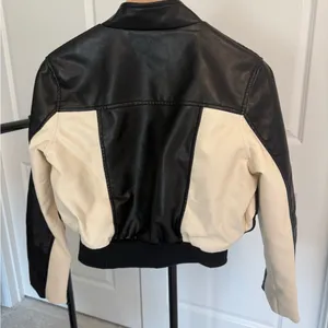 Women's Black and Cream Faux Leather Bomber Jacket thumbnail 3