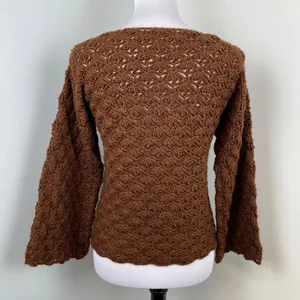 Handmade Chocolate Brown Boho Crochet Bell Sleeve Sweater thumbnail 4