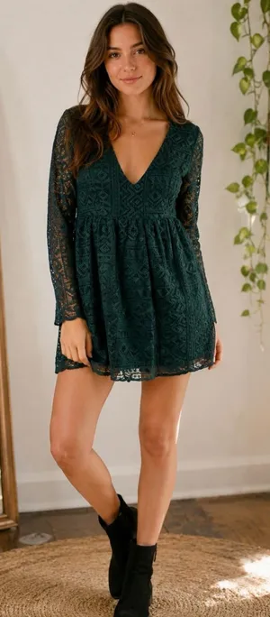 NWT Urban Outfitters Little White Lies Green Lace V-Neck Babydoll Mini Dress thumbnail 1