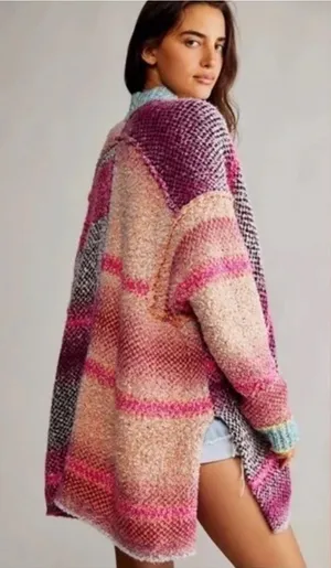 Free People Oversized ‎ Daydreamer Patchwork Knit Cardigan Sweater Pink Size S thumbnail 1