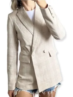 House of Harlow 1960 Plaid Cream & Tan Blazer Double Breasted Size Medium 90's thumbnail 1